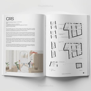 Peut inclure: Un livre ouvert présentant des plans architecturaux et du texte. La page de gauche contient du texte et une illustration en couleur d'un espace intérieur avec des personnes. La page de droite affiche des schémas architecturaux en noir et blanc.