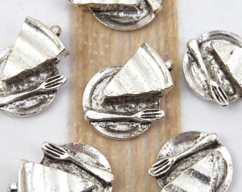 8 Slice of pie on a plate charms antique silver tone FD141