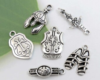 6 ARMOR OF GOD Charms, Antique Silver Mixed Charm Collection, Quantity Discounts!