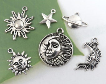 6 CELESTIAL Charms,  Antique Silver Tone Charm Collection, Each Different