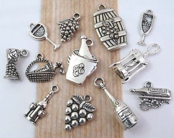 12 WINE Theme Charms, Antique Silver Charm Collection, Each one Different!