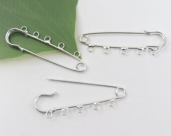 3 Large Silver Plated Pins with 5 Loops for your Charms, 2-3/4" x 3/4"