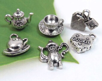 Set of 6 TEA PARTY Theme Charms, Antique Silver Tone Charm Collection