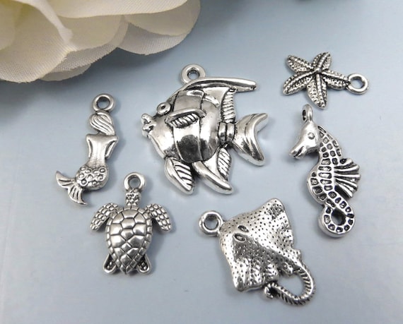 8 Assorted Sea Creatures Ocean Life Fish Charms Silver Tone Metal