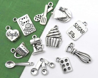 12 I LOVE to BAKE Charms, Antique Silver Food Charm Collection