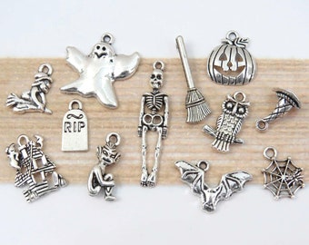 BOO! 12 Pc HALLOWEEN Charm Set, Antique Silver Mixed Collection