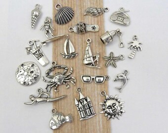 20 BEACH Theme Charms,  Antique Silver Tone Charm Collection, Each Different