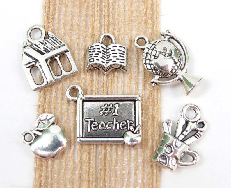 6 TEACHER Charms Antique Silver School Charm Set 20x17mm Etsy