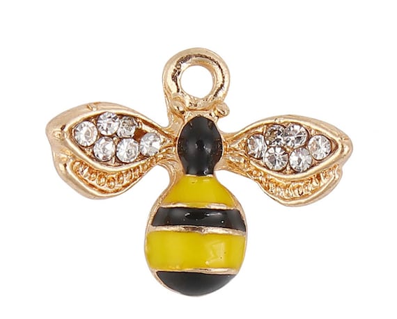 2 x Gold Plated Rhinestone Enamel 3d Bumble Bee Pendant Charms 17mm