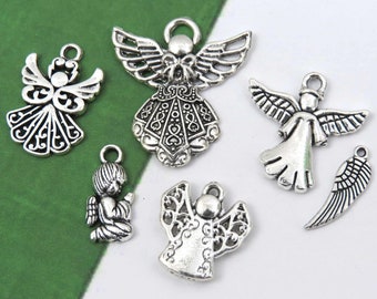 6 ANGEL Charms, Antique Silver Mixed Religious Charm Collection
