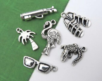 6 FLORIDA Vacation Charms,  Antique Silver Travel Charm Collection