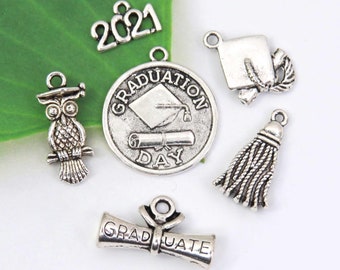 6 GRADUATION Theme Charms for 2021,  Antique Silver Mixed Charm Collection