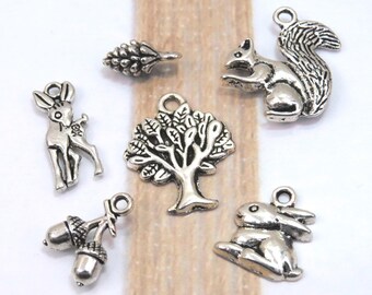 6 WOODLAND Theme Charm Set, Antique Silver Tone Charm Collection