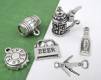 6 BEER LOVER Charms, Antique Silver Food & Drink Charm Collection