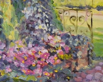 May include: A painting of a garden scene with pink flowers, green foliage, and a wrought iron fence in the background.