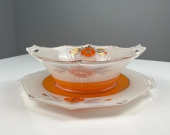 Bol y plato de servir con asa Art Déco, plato octogonal de los años 30, pintura naranja invertida