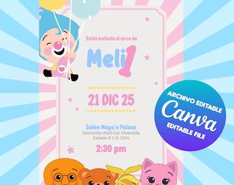 Plim Plim pink digital invitation editable in Canva, Plim Plim clown pink digital birthday invitation, editable Canva file