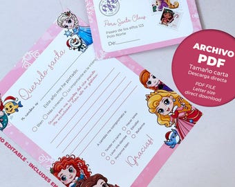 Kit di file digitali Lettera a Babbo Natale per principesse, Lettera a Babbo Natale per principesse da stampare, Lettera a Babbo Natale in PDF + Diploma di Babbo Natale / Inglese e spagnolo