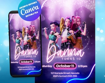 Invito digitale Kpop Warriors, KPDH, invito digitale per il compleanno di Huntrix, compleanno di Huntrix, Canva modificabile