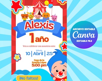 Invito digitale modificabile Plim Plim in CANVA, invito digitale di compleanno Plim Plim Clown, file Canva modificabile