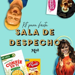 Peut inclure: Un kit de fête intitulé Kit para fiesta SALA DE DESPECHO avec le logo Mint Design. Il comprend une figurine stylisée, une étiquette de savon Zote, une image circulaire, une boîte de céréales Confie en ti et un portrait de style religieux.
