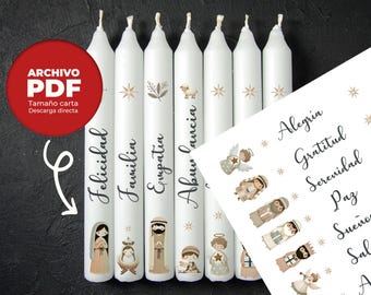 Modello di candela in PDF - Adesivi per candele - Design per la stampa di candele di nascita - Design di candele con auguri di Natale - Adesivi per candele di Natale