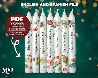 Modello PDF per candele/Adesivi per candele/Design per la stampa di candele di Babbo Natale/Design per candele con auguri di Natale/File in inglese e spagnolo