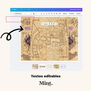 K&ouml;nnte beinhalten: Digitale Designoberfl&auml;che mit einer Karte im Vintage-Stil mit Text und Designelementen. Die Karte ist braun mit lila Akzenten und Text. Die Oberfl&auml;che enth&auml;lt Bearbeitungswerkzeuge und den Text "Textos editables" und "Mint. Design".