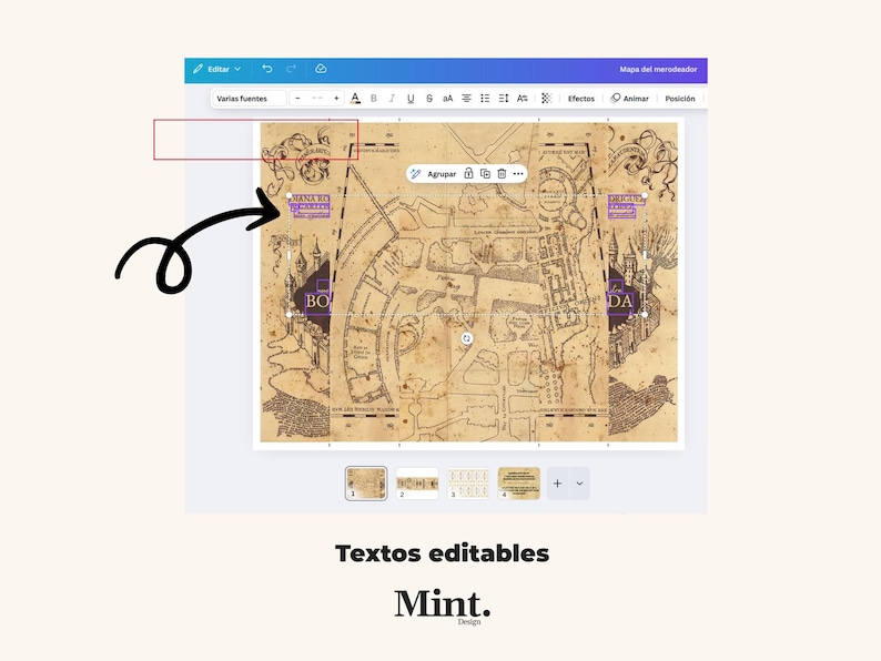K&ouml;nnte beinhalten: Digitale Designoberfl&auml;che mit einer Karte im Vintage-Stil mit Text und Designelementen. Die Karte ist braun mit lila Akzenten und Text. Die Oberfl&auml;che enth&auml;lt Bearbeitungswerkzeuge und den Text "Textos editables" und "Mint. Design".