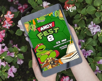 Invito di compleanno digitale Teenage Mutant Ninja Turtle, modello CANVA modificabile, festa per bambini