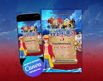 Invito di compleanno digitale di One Piece, invito di compleanno digitale di Mugiwara, invito di compleanno del pirata Luffy, modificabile su Canva.