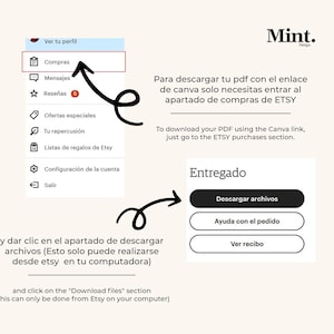 K&ouml;nnte beinhalten: Eine digitale Anleitung mit Anweisungen zum Herunterladen einer PDF-Datei von Etsy. Das Bild zeigt den Etsy-Kaufbereich, mit Pfeilen, die auf den Download-Dateibereich zeigen. Text auf Englisch und Spanisch.