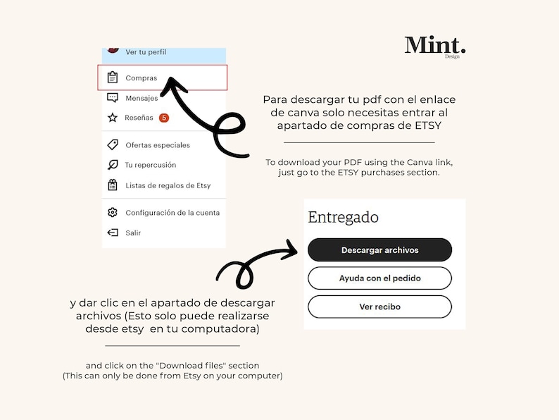 K&ouml;nnte beinhalten: Eine digitale Anleitung mit Anweisungen zum Herunterladen einer PDF-Datei von Etsy. Das Bild zeigt den Etsy-Kaufbereich, mit Pfeilen, die auf den Download-Dateibereich zeigen. Text auf Englisch und Spanisch.