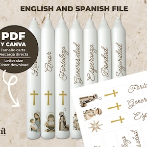 Peut inclure: Bougies blanches avec lettrage et croix dorés, avec des illustrations de figures religieuses. Les bougies sont étiquetées avec des mots comme "Amour" et "Force". Une feuille d'autocollants assortis est également incluse.