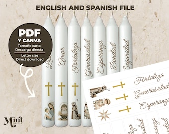 Modello di candela PDF / File Canva modificabile / Design per la stampa di candele di nascita / Design di candele per auguri di Natale / File in inglese e spagnolo