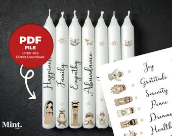 Modello PDF per candele - Adesivi per candele - Stampa di candele per presepi - Progettazione di candele con auguri di Natale - Adesivi per candele di Natale