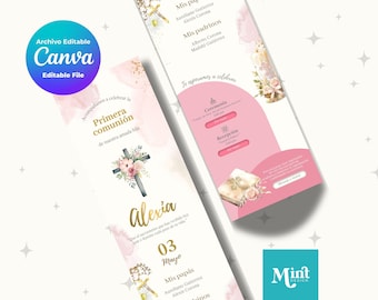 Pink Digital First Communion Invitation for Girls | Editable Canva file