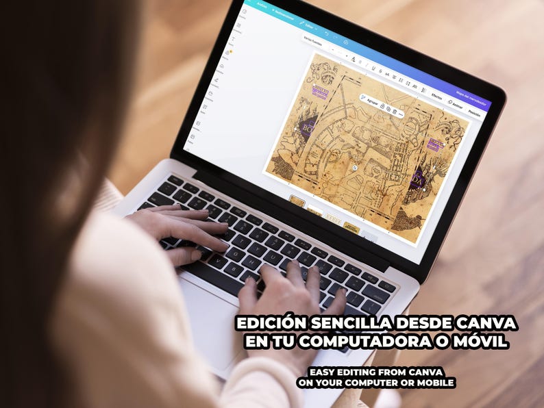 K&ouml;nnte beinhalten: Ein Laptop-Bildschirm zeigt eine Vintage-Kartengrafik, die bearbeitet wird. Auf dem Bildschirm steht "EDICI&Oacute;N SENCILLA DESDE CANVA EN TU COMPUTADORA O M&Oacute;VIL" und "EASY EDITING FROM CANVA ON YOUR COMPUTER OR MOBILE".