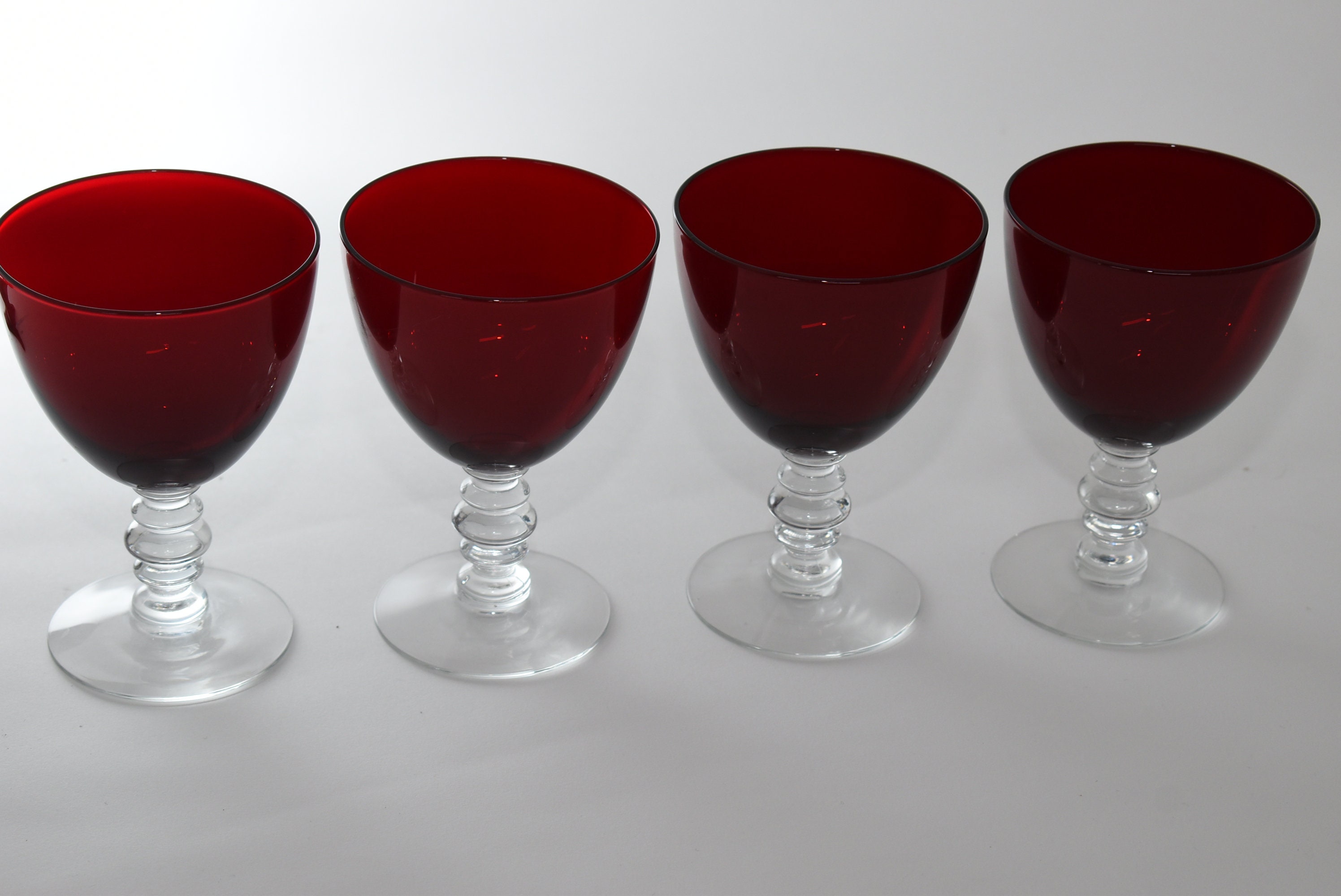 Red Wine Goblets, Red Glassware, Vintage Drinkware, 4 Red Cocktail Glasses , red Barware, Red Water Glasses, Holiday Glassware Gift Set 