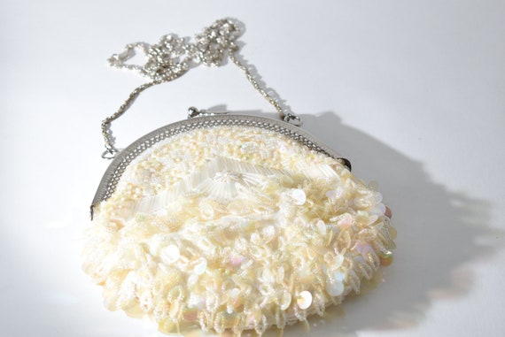 Cream Sequin Purse, Fancy Evening Wedding Bag, Vi… - image 7