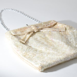 Crema de lentejuelas + bolso de perlas con lazo, bolso de bodas de noche de lujo, bolso de cuentas vintage, glamoroso bolso de lentejuelas de bolso de plata