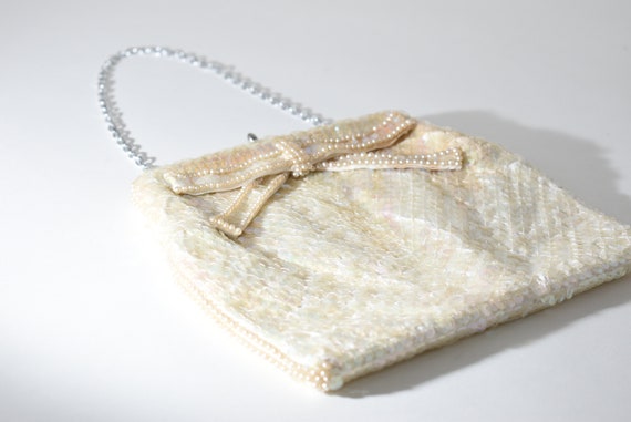 Cream Sequin + Pearl Purse with Bow, Fancy Evenin… - image 1