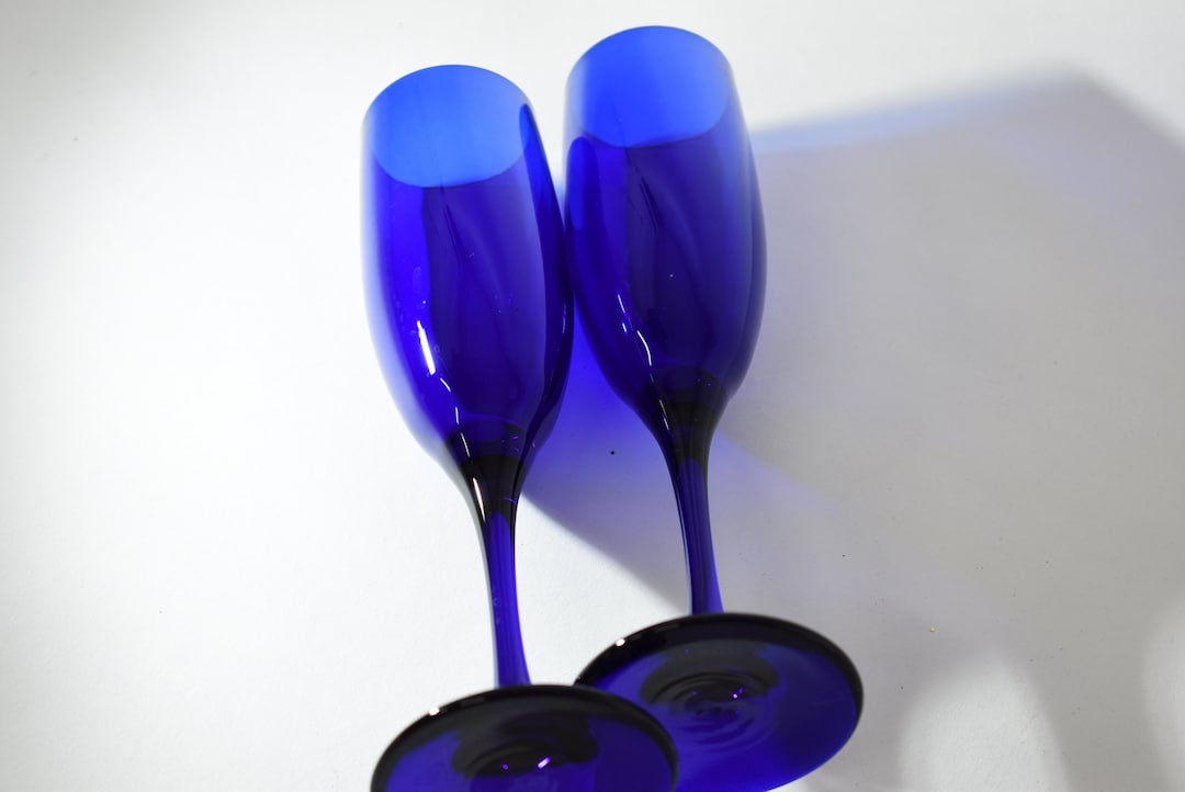 2 Cobalt Blue Champagne Glasses Vintage Barware Blue Flutes Etsy