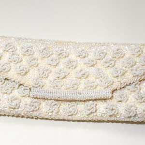 Bolso de mano vintage color crema, con cuentas y lentejuelas, fabricado en Hong Kong, bolso de noche, bolso para fiesta de bodas, bolso formal vintage color blanco crema