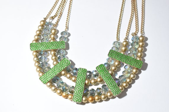 Chunky Gold Green Statement Necklace Beaded Vintage Costume Etsy