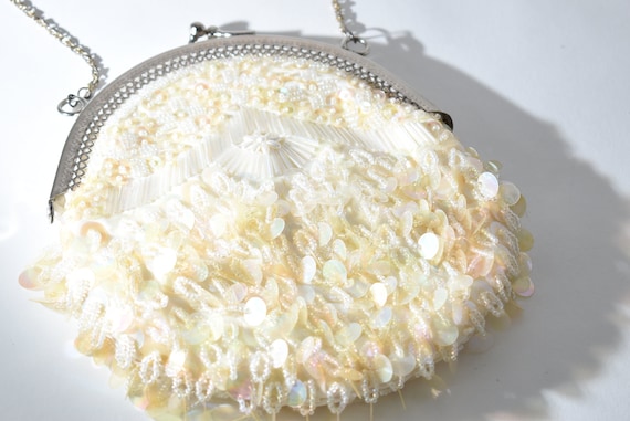 Cream Sequin Purse, Fancy Evening Wedding Bag, Vi… - image 2