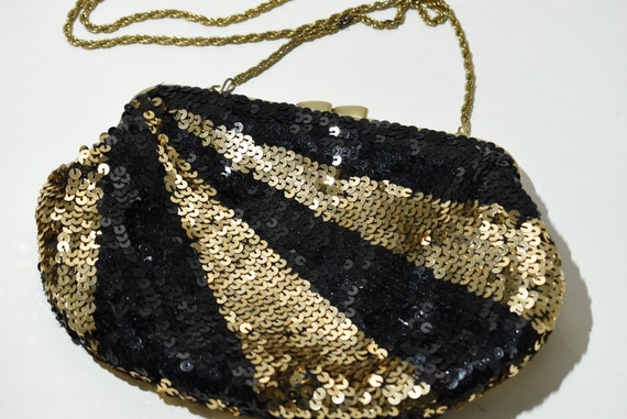 Vintage La Reagle Black + Gold  Sequin Evening Ba… - image 8