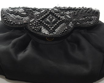 Mervyn&#39;s Partners Bead Sequin Black Clutch, Scalloped Black Bag Evening bag, Black Seed Bead Sequin Purse, Vintage Clutches Wedding Bag