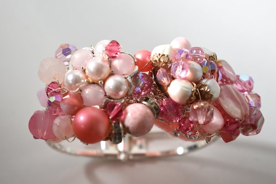 Pink Silver Filigree  Clamper Bracelet, Vintage H… - image 6