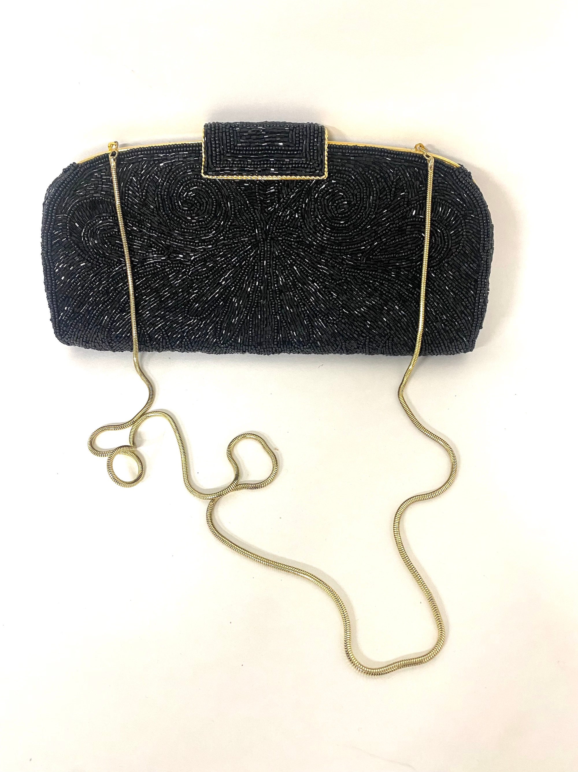 La Regale Vintage Black Beaded Purse Gold Chain Shoulder Strap